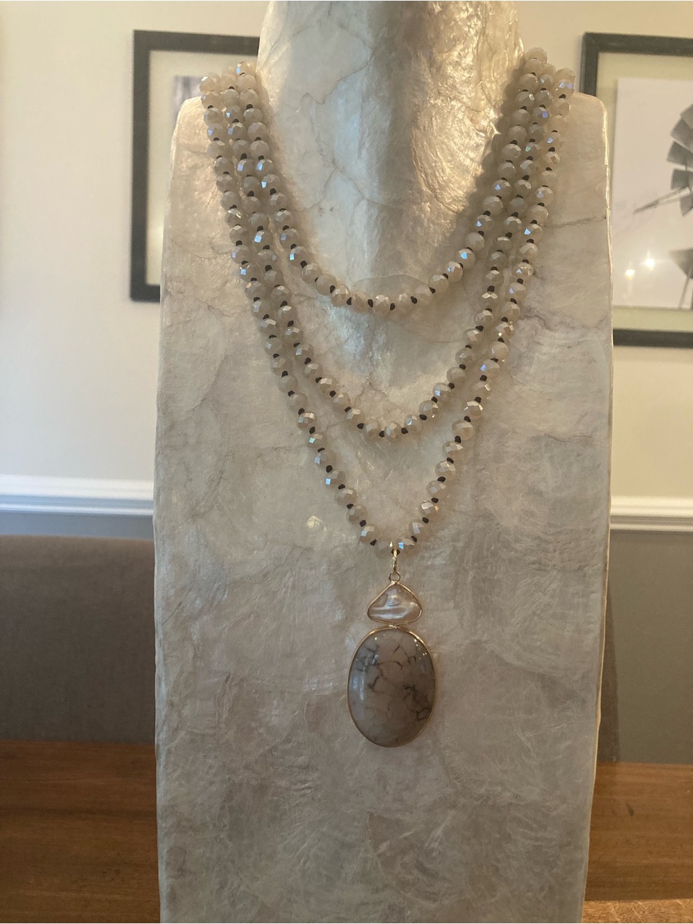Beaded  wrap neutral Necklace with stone & pearl Pendant